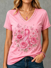 Femmes Rose Imprimé Floral Soutien Soutien Du Cancer Du Sein V-Neck Tee