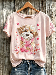 T-shirt décontracté à manches courtes pour femmes, motif mignon de chien, imprimé sur le thème du cancer du sein