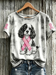 T-shirt décontracté à manches courtes pour femmes, motif mignon de chien, imprimé sur le thème du cancer du sein