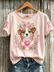 T-shirt décontracté à manches courtes pour femmes Cancer du sein Motif mignon chien imprimé