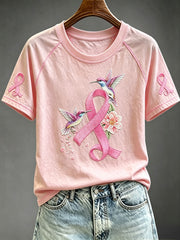 T-shirt Femme Rose Ruban Imprimé Colibri à Col Rond à Manches Courtes