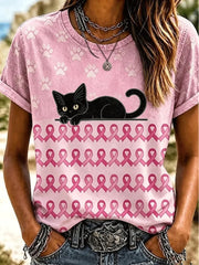 T-shirt décontracté à imprimé sensibilisation au cancer du sein pour femmes