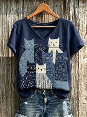 T-shirt à manches courtes en lin pour femme Chats Patchwork Japonais Sashiko Art Print
