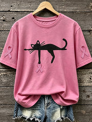 T-shirt femme à manches courtes, imprimé chat, ruban rose, sensibilisation au cancer du sein