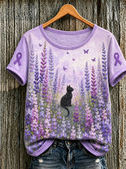 T-shirt violet à manches courtes imprimé floral et chat Alzheimer Awareness Support pour femme