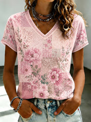 T-shirt à col en V imprimé de fleurs roses pour le cancer du sein chez la femme