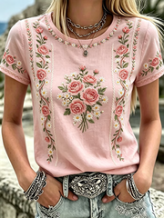 T-shirt à manches courtes femme imprimé floral en lin