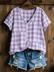 Femmes Alzheimer's Awareness Support Purple Grid Pattern V-Neck Chemise à manches courtes