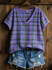 T-shirt à manches courtes et col en V, motif en damier violet, soutien à la sensibilisation à la maladie d’Alzheimer chez les femmes