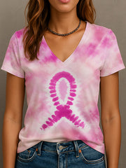 T-shirt col en V ruban rose pour femmes, sensibilisation au cancer du sein