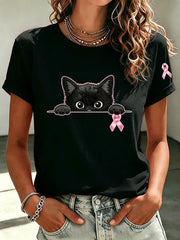 T-shirt à manches courtes imprimé de sensibilisation au cancer du sein chez la femme
