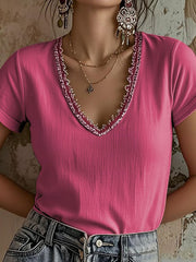 T-shirt décontracté à col en V en dentelle pour femmes