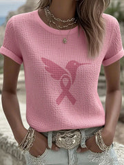 Sensibilisation au cancer du sein pour femmes T-shirt gaufré à imprimé colibri rose
