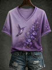 T-shirt à col en V imprimé de fleurs sur le thème de la maladie d’Alzheimer chez les femmes