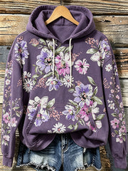 Sweat à capuche décontracté pour femme, imprimé de motifs floraux violets
