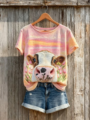 Femmes Belle Vache Tulipes Champ Coucher de soleil Gradient Imprimer T-shirt à manches courtes