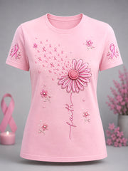 T-shirt de soutien à la sensibilisation au cancer du sein pour femmes, motif imprimé avec tournesols, ruban rose et message de foi