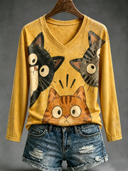 T-shirt à col en V imprimé chat mignon pour femmes