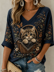 T-shirt à manches mi-longues à col en V pour femmes automne mignon chat art