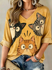T-shirt à manches mi-longues imprimé chat mignon pour femmes