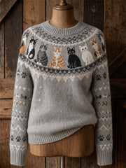 Femmes Vintage Cats Empiècement Isle Motif Imprimer Cozy ras du cou pull