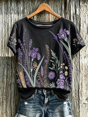 T-shirt décontracté pour femme à imprimé fleurs violette sur fond végétal
