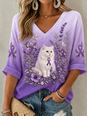 T-shirt à col en V pour femmes, motif floral violet avec chat, maladie d’Alzheimer