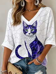 T-shirt à manches mi-longues Cat Art pour femmes