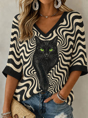 Tee-shirt Femme Chat Noir Manches Mi-longues Col V