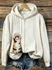 Femmes Calico Cat Fuzzy Patte & Scratches Imprimer Full Zip Hoodie