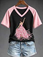 T-shirt à col en V imprimé de sensibilisation au cancer du sein chez la femme