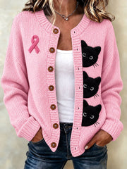 Gilet tricoté style cardigan pour femmes, motif cancer du sein, couleur noire