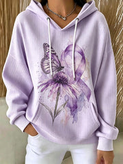 Sweat à capuche confortable imprimé floral papillon violet pour femme