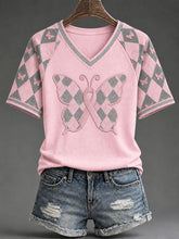 T-shirt décontracté à motif chevrons de style preppy, couleur rose pour femme