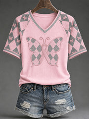 T-shirt décontracté à motif chevrons de style preppy, couleur rose pour femme