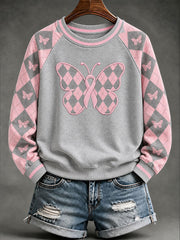 Sweatshirt Femme Rose Style Preppy Argyle Décontracté Manches Raglan