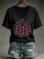 T-shirt à manches courtes pour la sensibilisation au cancer du sein chez les femmes, motif citrouille d’Halloween