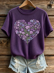 Pull femme manches courtes imprimé fleurs violettes