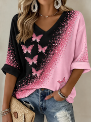 T-shirt femme à manches mi-longues et col en V, pour le cancer du sein