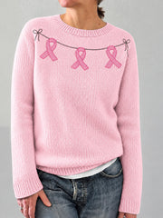 Pull confortable élégant pour femme à imprimé ruban rose