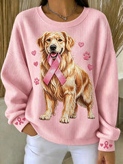 Sweat-shirt à col rond pour femme, motif ruban rose et golden retriever