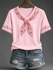 T-shirt pour femme avec impression artistique florale et ruban rose