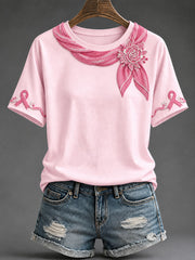 T-shirt pour femme avec impression artistique florale et ruban rose