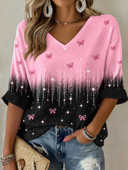 T-shirt à manches mi-longues et col en V pour la sensibilisation au cancer du sein chez les femmes