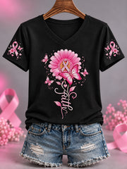 Femmes Rose Ruban Tournesol Foi Imprimer Soutien de Sensibilisation au Cancer du sein V-Neck Tee