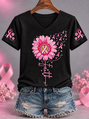 T-shirt à col en V pour femmes, imprimé tournesol et ruban rose, en soutien à la sensibilisation au cancer du sein