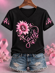 T-shirt à col en V pour femmes, imprimé tournesol et ruban rose, en soutien à la sensibilisation au cancer du sein