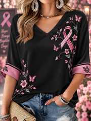 T-shirt col en V à manches mi-longues pour femmes Cancer du sein rose Art Print
