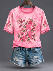 T-shirt à manches courtes pour femmes, motif fleur et ruban rose contre le cancer du sein