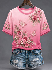 T-shirt à manches courtes pour femmes, motif fleur et ruban rose contre le cancer du sein